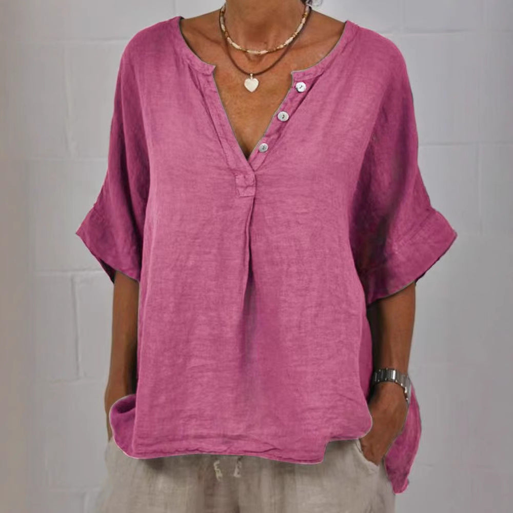 Chemise boutonnée en coton et lin à col en V pour femme