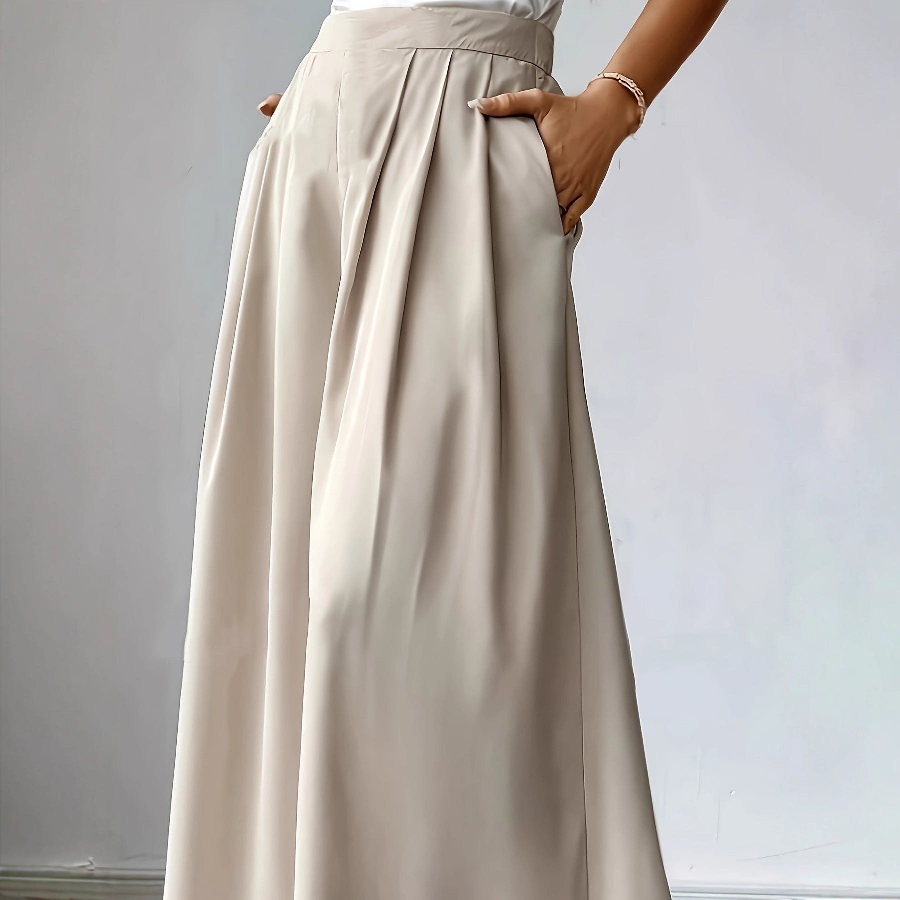 Pantalon large plissé taille haute pour femme – Lin bohème décontracté