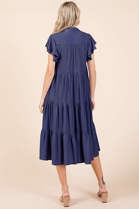 Robe midi à col en V, manches volantées et étages pour femme – Une robe midi vaporeuse, féminine et élégante avec des détails superposés pour toutes les occasions