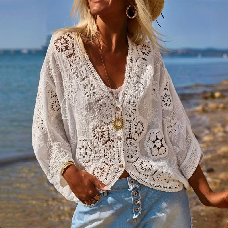 Cardigan col V en dentelle bohème