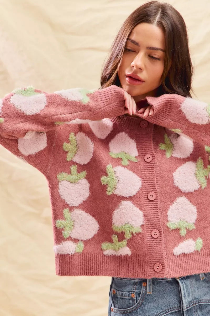 SO ME Cardigan en maille boutonnée à motif de fraises
