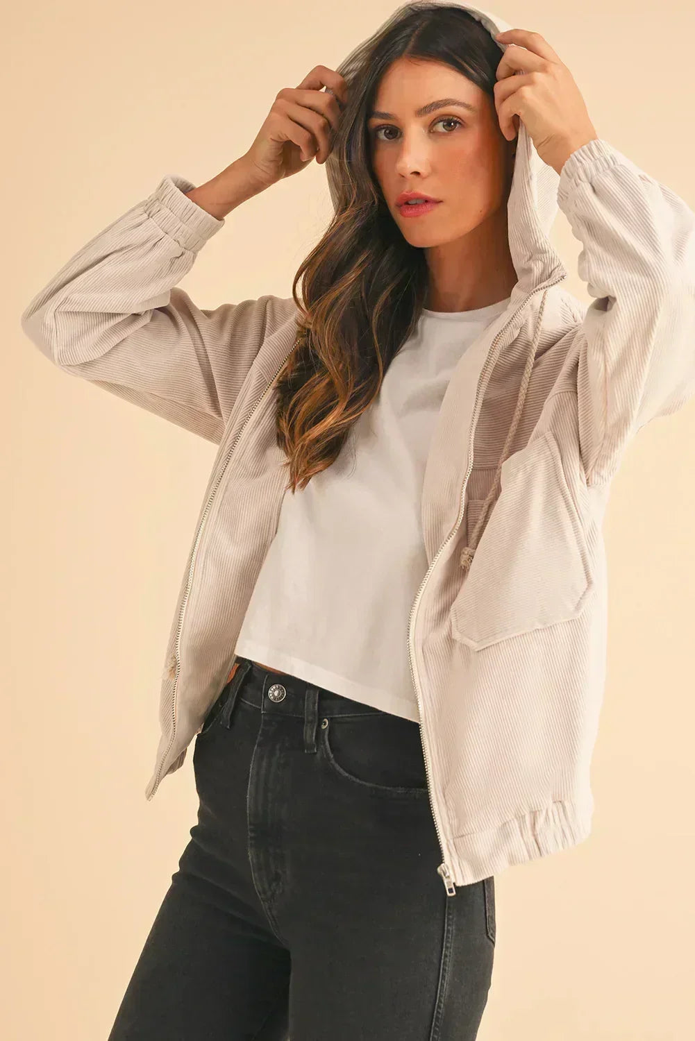 Veste à capuche zippée en velours côtelé bleu sarcelle véritable – Femstylo