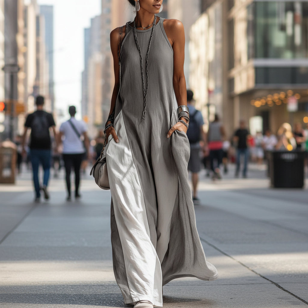 Robe longue évasée à épaules dénudées et blocs de couleurs avec poches | 5 couleurs