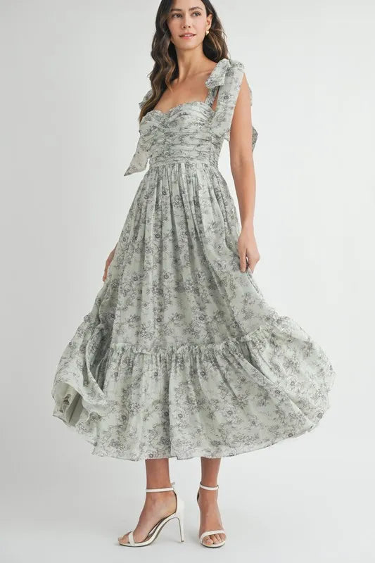 Robe midi froncée à imprimé floral et bretelles à nouer pour femme – Robe midi froncée pour l'été, Robe à imprimé floral, Robe à bretelles à nouer, Robe midi féminine, Robe chic pour événements
