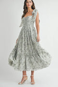 Robe midi froncée à imprimé floral et bretelles à nouer pour femme – Robe midi froncée pour l'été, Robe à imprimé floral, Robe à bretelles à nouer, Robe midi féminine, Robe chic pour événements