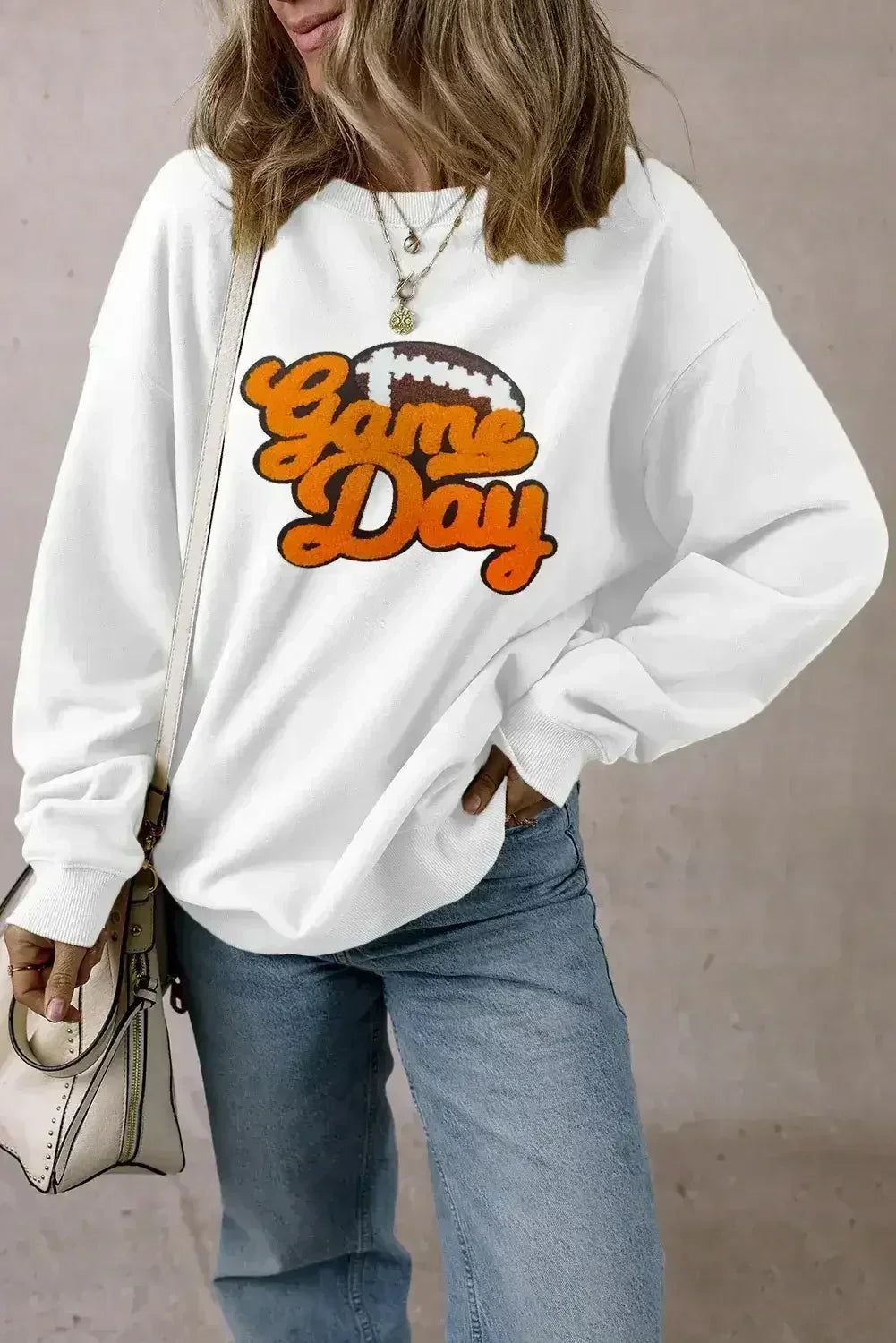 Sweat-shirt pull en chenille blanche à motif rugby et football pour les jours de match