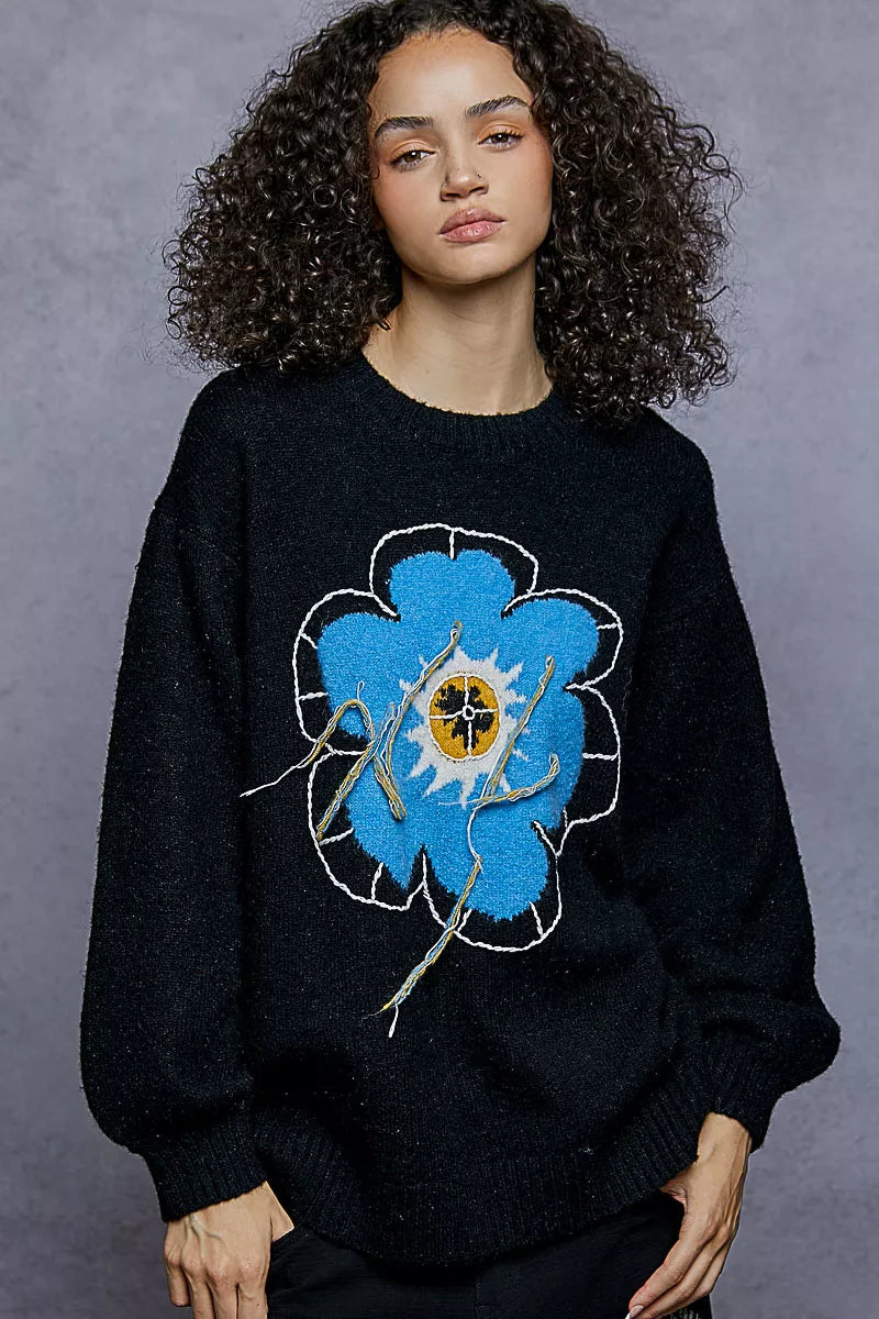 Pull POL à motif floral, col rond, avec surpiqûres apparentes