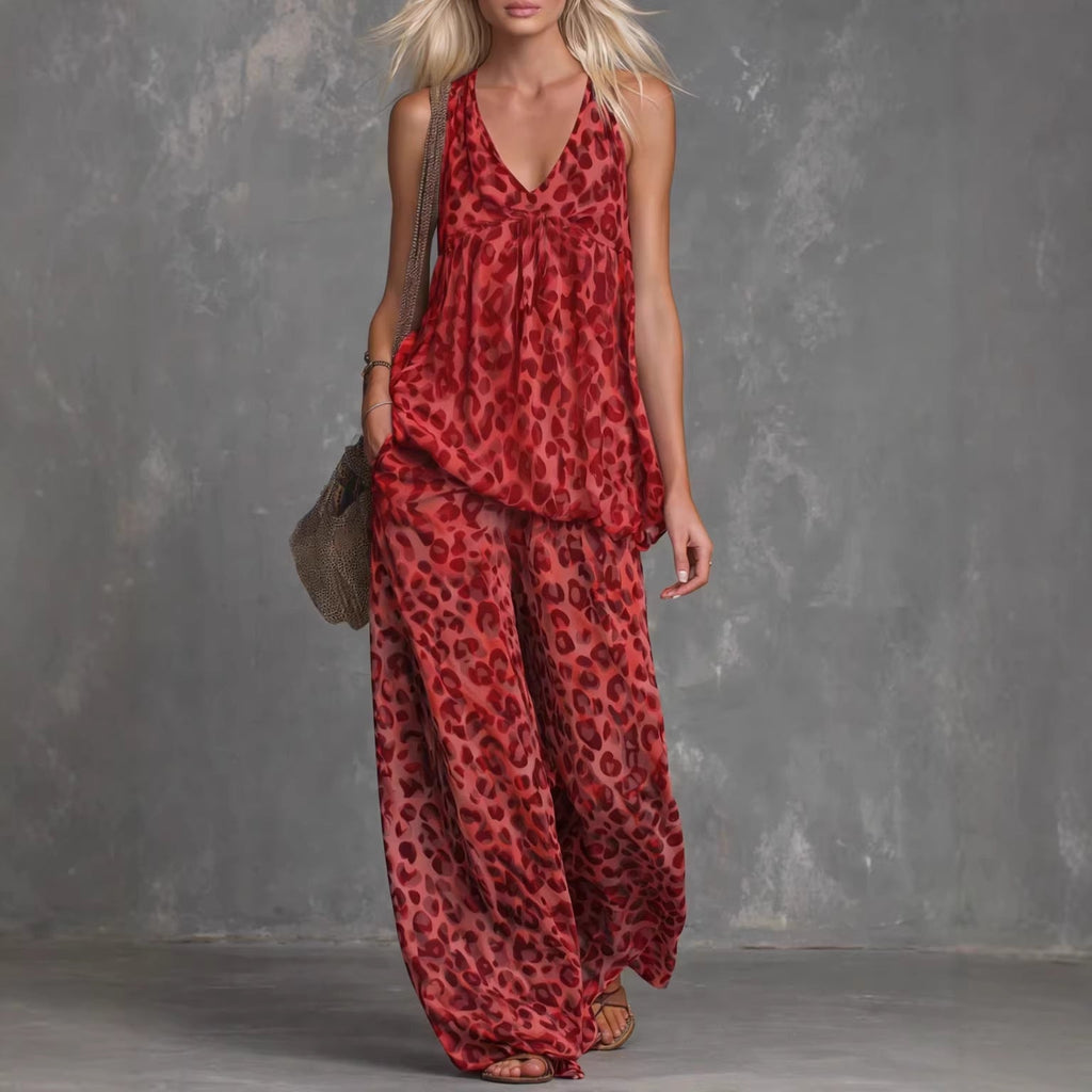 Ensemble Femme Top sans Manches Imprimé Léopard et Pantalon en Mousseline