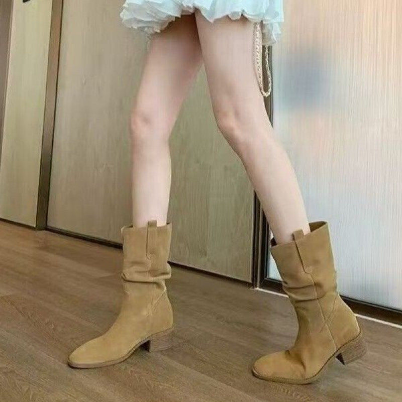 Bottes courtes plissées en cuir de vachette style western pour femme, collection automne