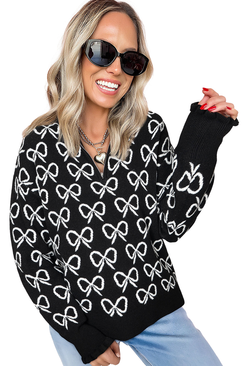 Pull à col zippé, motif nœud papillon mignon noir, épaules tombantes - Femstylo