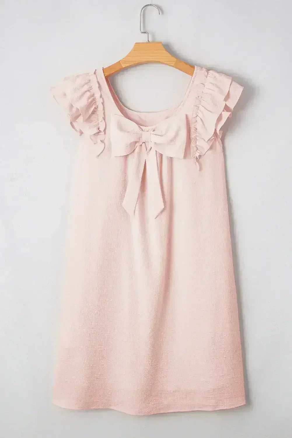 Robe Courte Rose Clair Texturée à Manches Volantes, Col Carré et Nœud au Dos