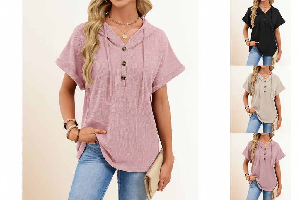 Haut à capuche à manches courtes en tricot gaufré pour femme – Pull à boutons avec cordon de serrage