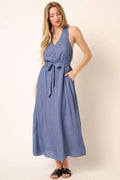 Robe longue maxi débardeur col en V ceinturée au dos croisé pour femmes – Une robe longue maxi chic, élégante et flatteuse avec un détail dos croisé unique