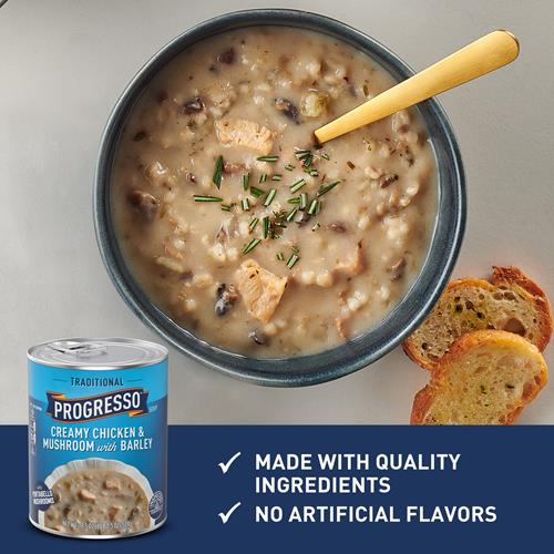 Soupe Progresso traditionnelle crémeuse poulet et champignons avec orge, 524 g.