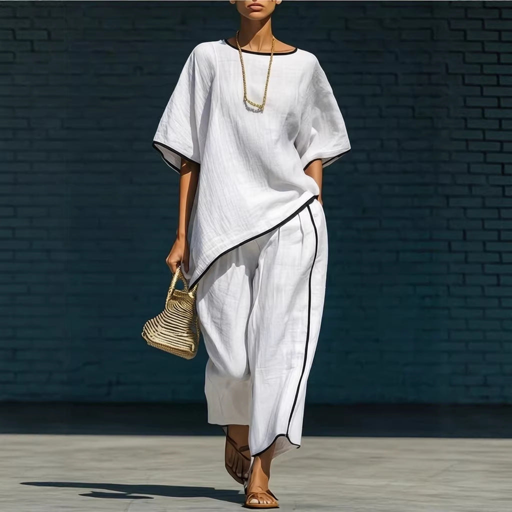 Ensemble Haut Manches Courtes Ample Décontracté & Pantalon pour Femme