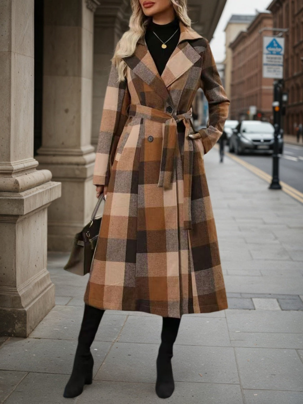 Manteau croisé en laine à revers pour femme - Longue veste coupe-vent à lacets