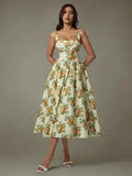 Robe midi florale sans manches bordée de dentelle