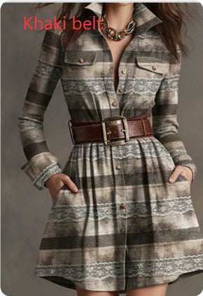 Robe mini élégante à manches longues à carreaux pour femme | Ceinturée