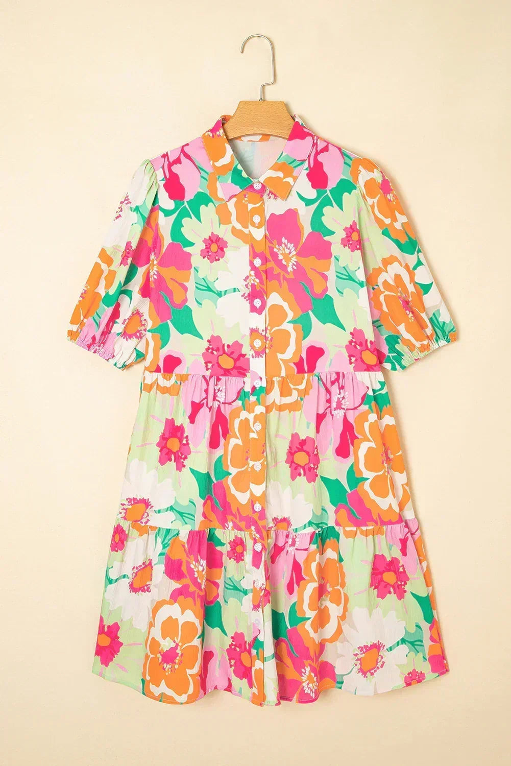 Robe Babydoll Boutonnée à Manches Bouffantes Florales Vertes