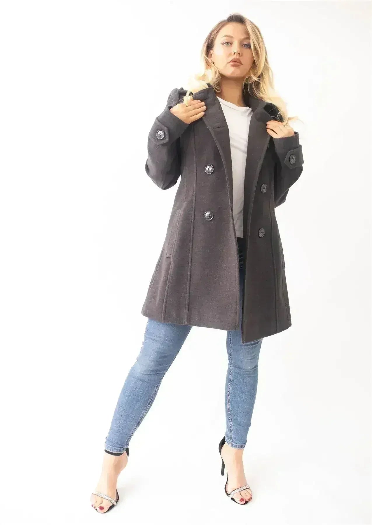Manteau à capuche croisé double face en laine