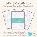 Printable Easter Planner – 40-Page Canva Template for Meals, Baskets, Egg Hunts & More