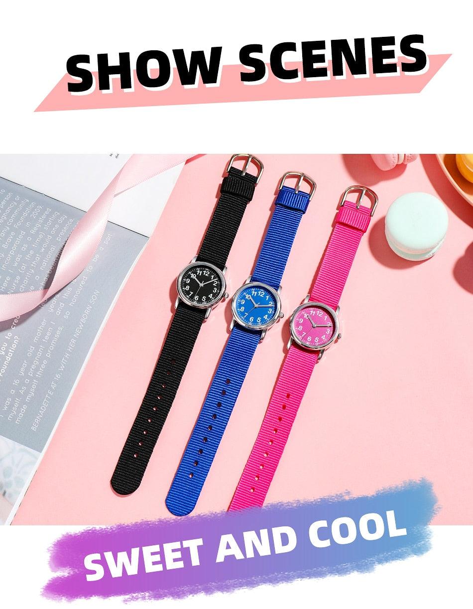 Montres à Quartz Faciles à Lire Bracelet en Nylon Résistant à la Transpiration Mouvement Analogique Montre Pour Filles Garçons Ados Montre-Bracelet Minimaliste Avec Bracelet Souple Montre d'Apprentissage Montre Première Montre Bracelet en Tissu Doux