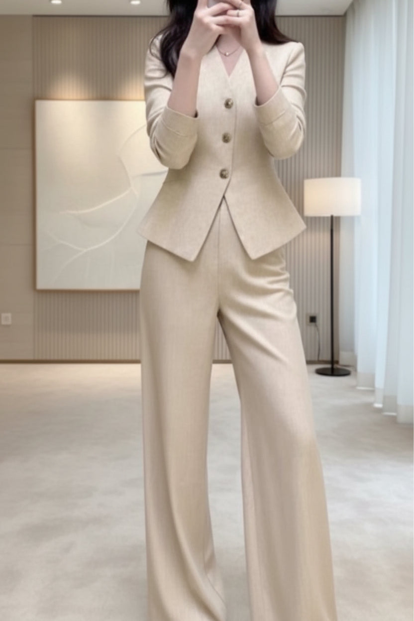 Ensemble Manteau Beige Ceintré et Pantalon Large