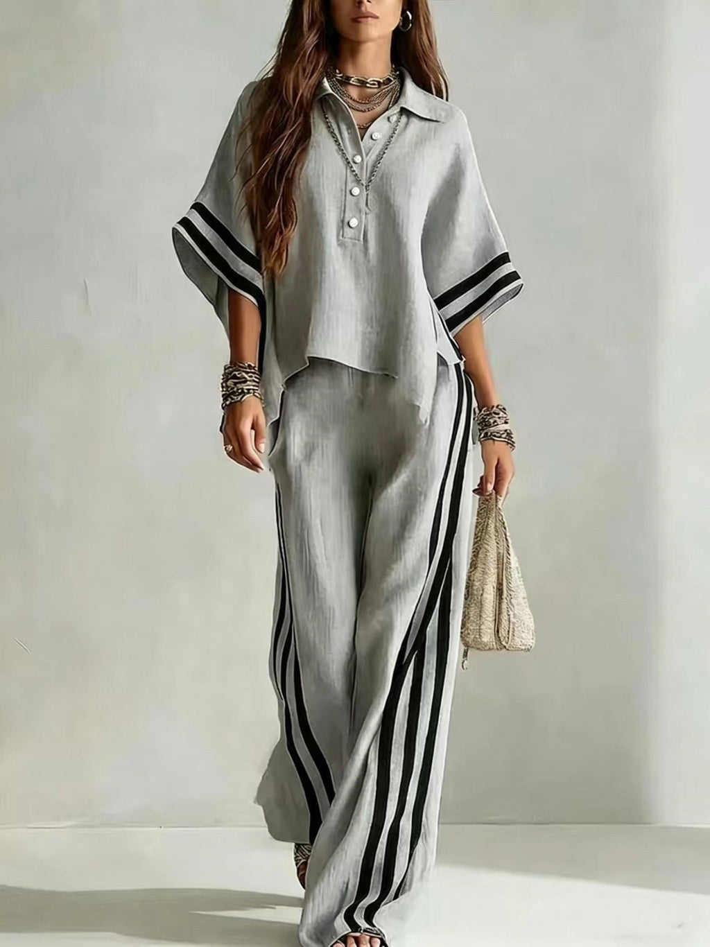 Ensemble deux pièces chemise à manches courtes et pantalon ample pour femme