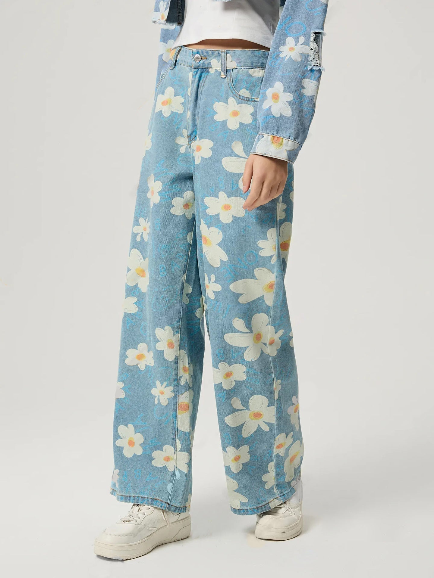 Jean droit vintage à imprimé floral pour femme