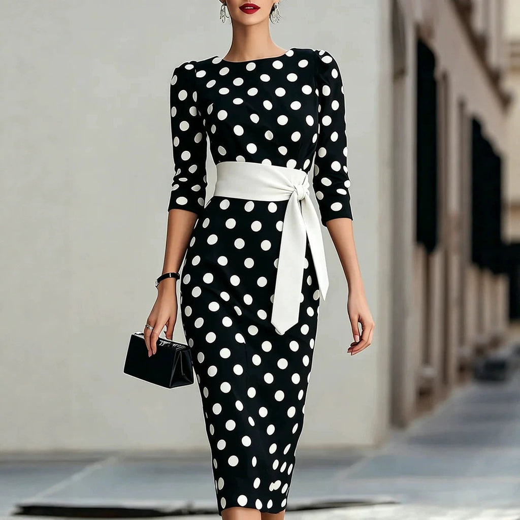 Robe midi moulante rétro à pois pour femme – Ceinturée avec liens croisés