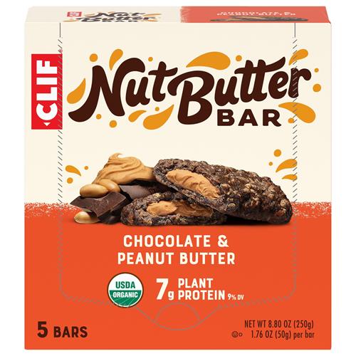 Barre Clif au Beurre de Noix - Chocolat Beurre de Cacahuète - Barres Énergétiques Farcies - Sans OGM - Bio USDA - Végétalienne - Faible Index Glycémique - 50 g (Paquet de 5)