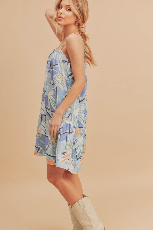 Nouvelle robe courte à bretelles imprimée à col carré et ourlet volanté pour femme – Robe courte élégante et chic à col carré avec ourlet volanté féminin