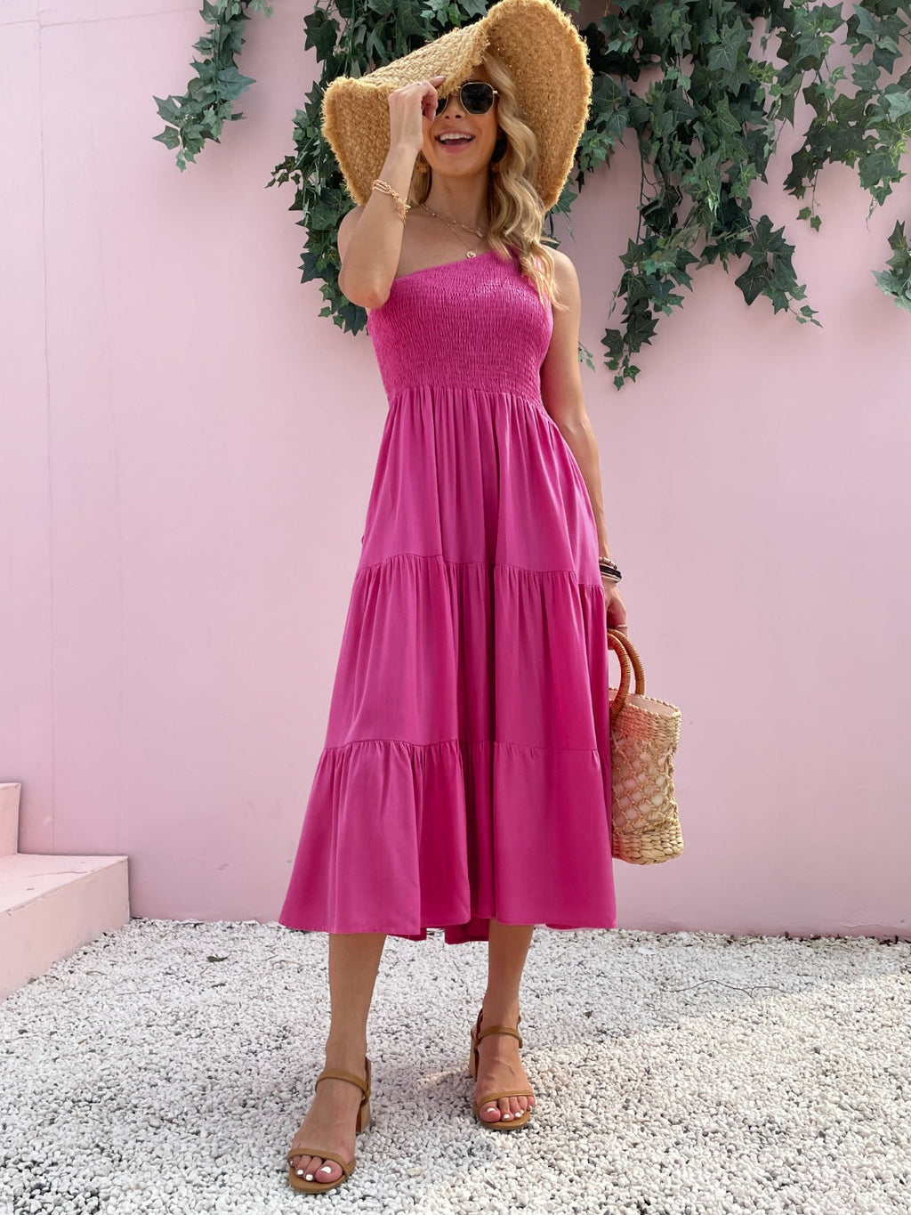 Robe Longue d'Été Sans Manches à Épaule Dénudée et Smocks Élégante et Confortable Robe Légère