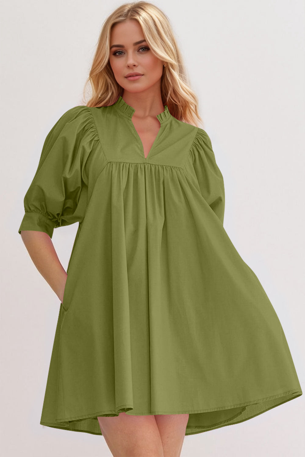 Mini-robe rose à manches bouffantes Robe décontractée et féminine pour femme Robe d'été simple et classique