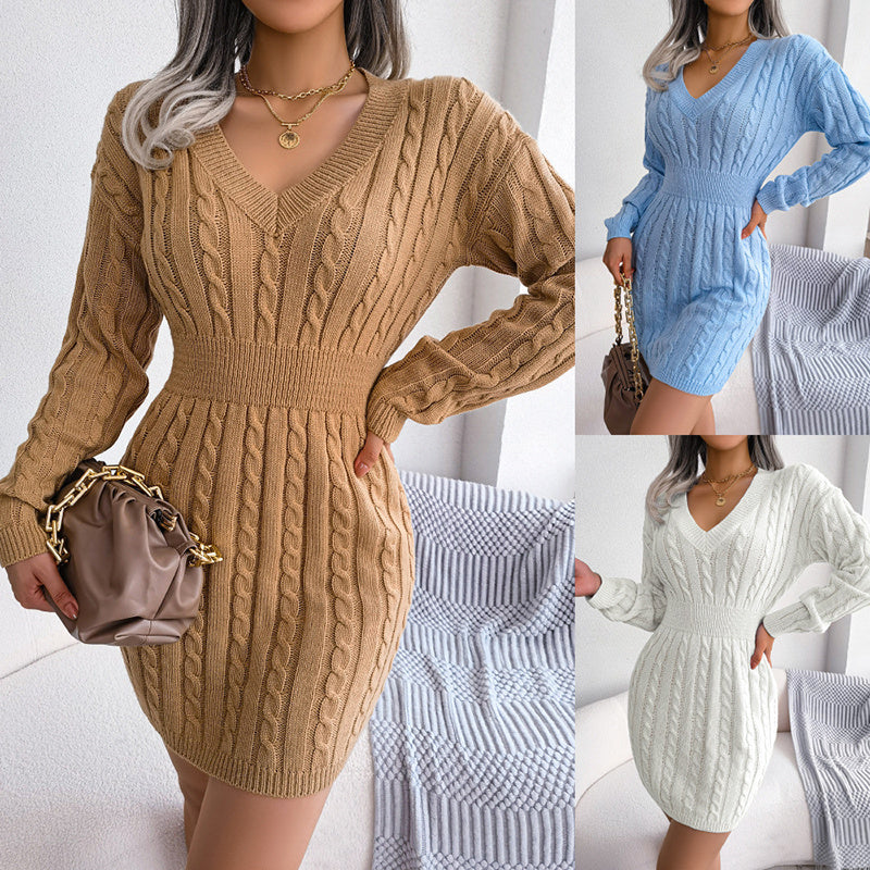 Robe pull moulante col en V pour femme