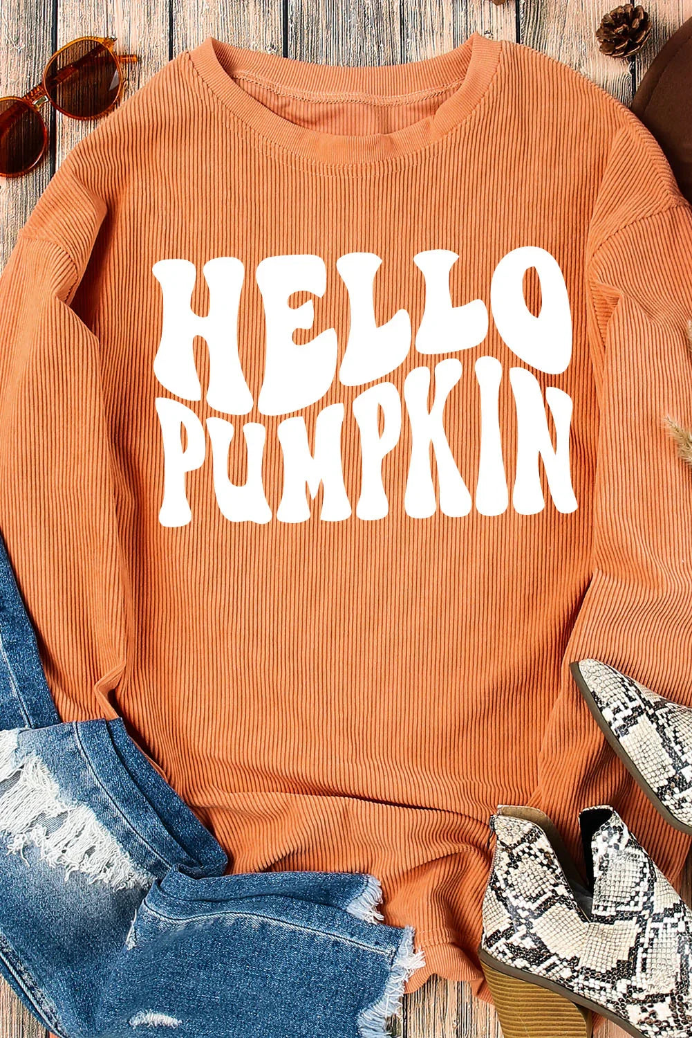 Sweat-shirt côtelé à motif lettre « HELLO PUMPKIN » orange