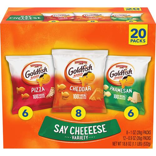Biscuits Goldfish Say Cheeeese, assortiment de paquets de 20 unités avec cheddar, pizza et parmesan