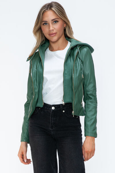 Veste à capuche en similicuir zippée avec cordon de serrage pour femme, élégante et décontractée, en cuir PU pour le streetwear