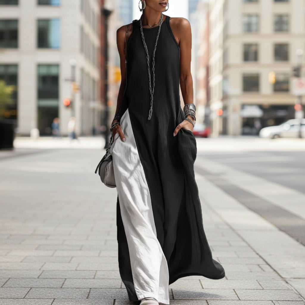 Robe femme sans manches ample, de couleur contrastée avec poches
