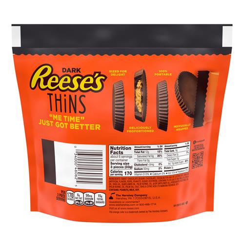 Reese's Thins Coupes au beurre de cacahuètes chocolat noir, paquet de bonbons à partager, 209 g