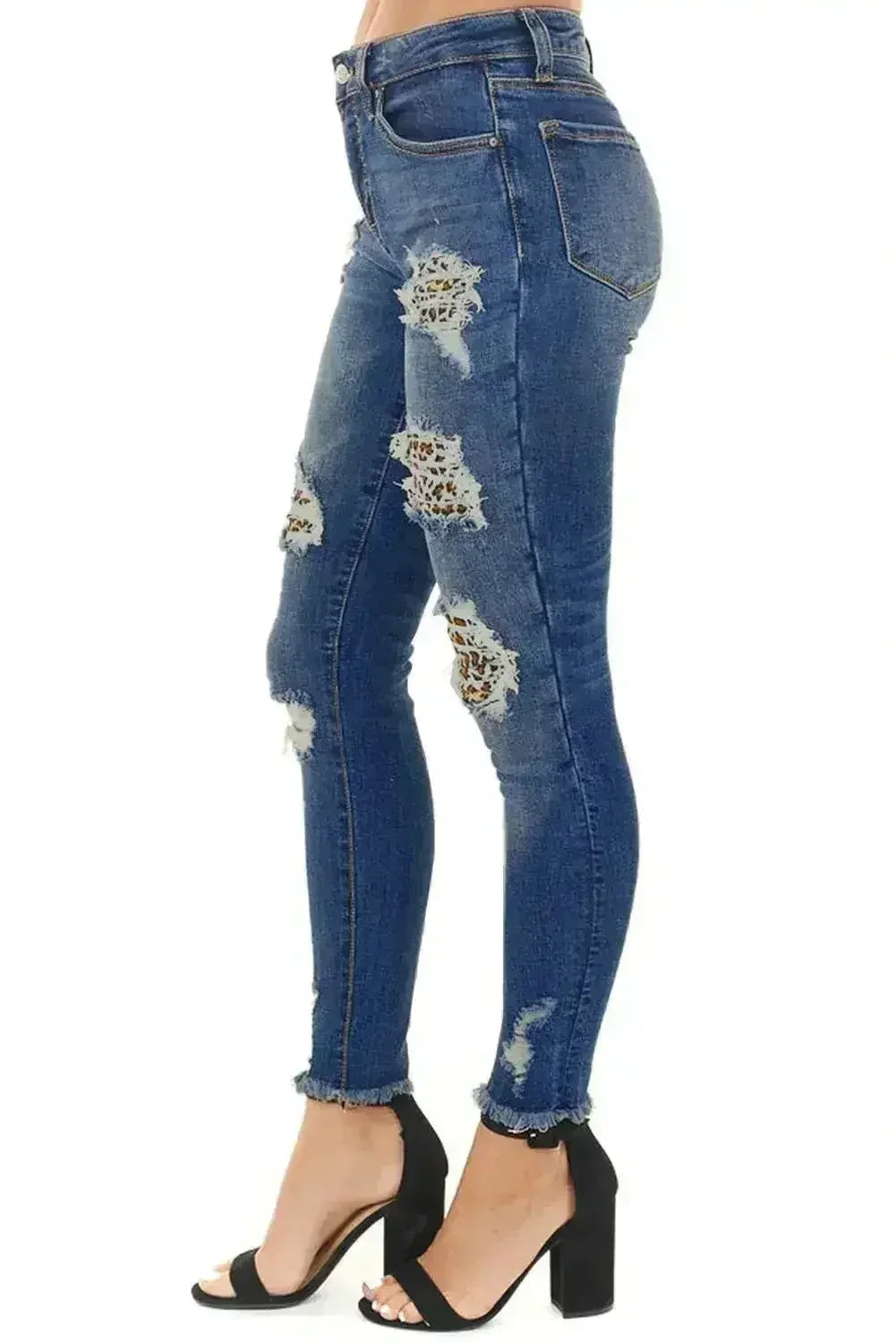 Jeans skinny délavé pour femme, bleu foncé, imprimé léopard, effet vieilli