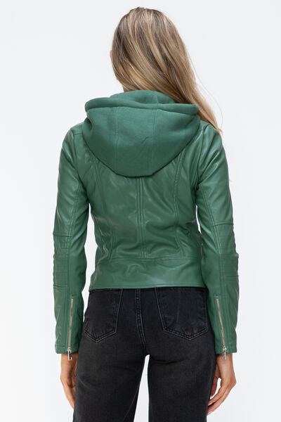 Veste à capuche en similicuir zippée avec cordon de serrage pour femme, élégante et décontractée, en cuir PU pour le streetwear