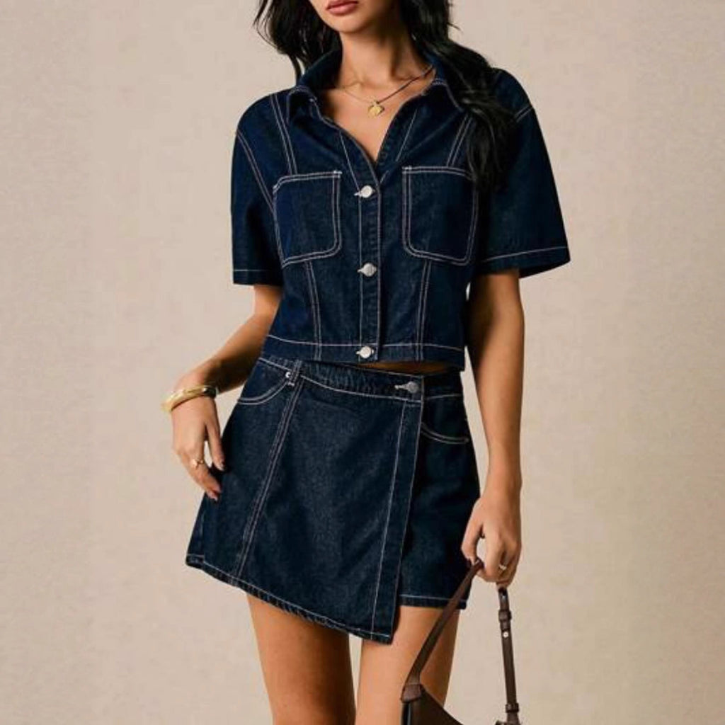 Ensemble deux pièces chemise-robe et pantalon en jean ample pour femme – Coton