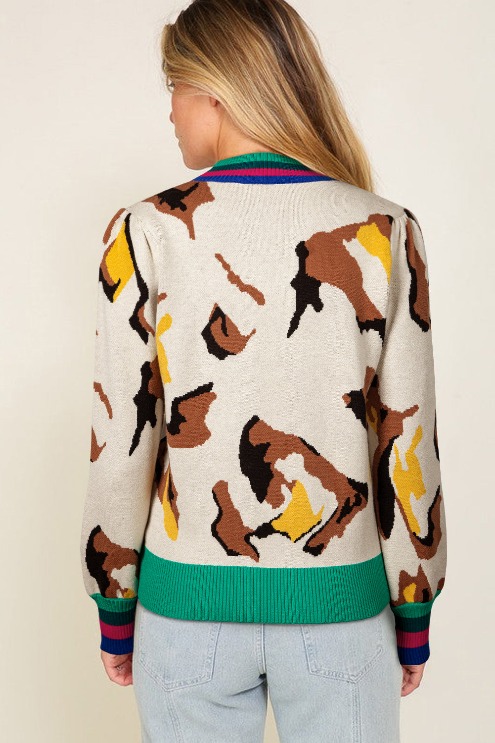Pull en maille à rayures côtelées contrastantes motif animal abricot