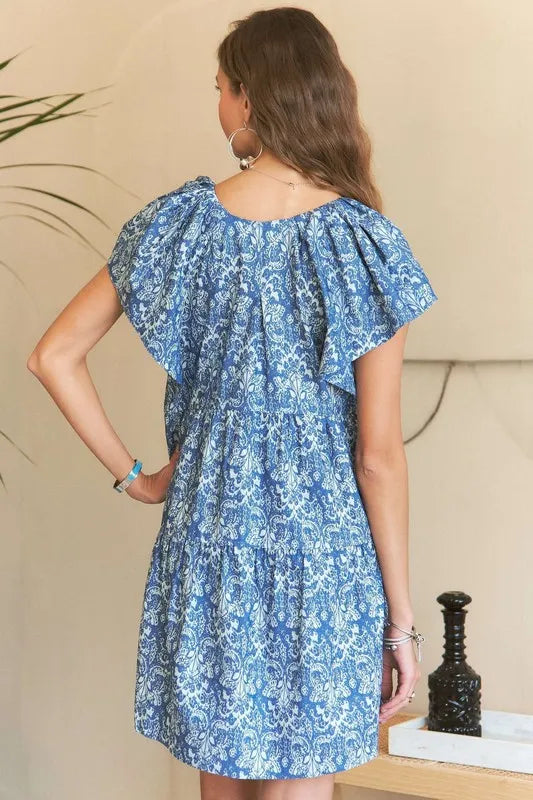 Nouvelle mini-robe d'été à imprimé col en V et manches à volants – Robe à imprimé floral féminine, élégante, mode, séduisante et amusante
