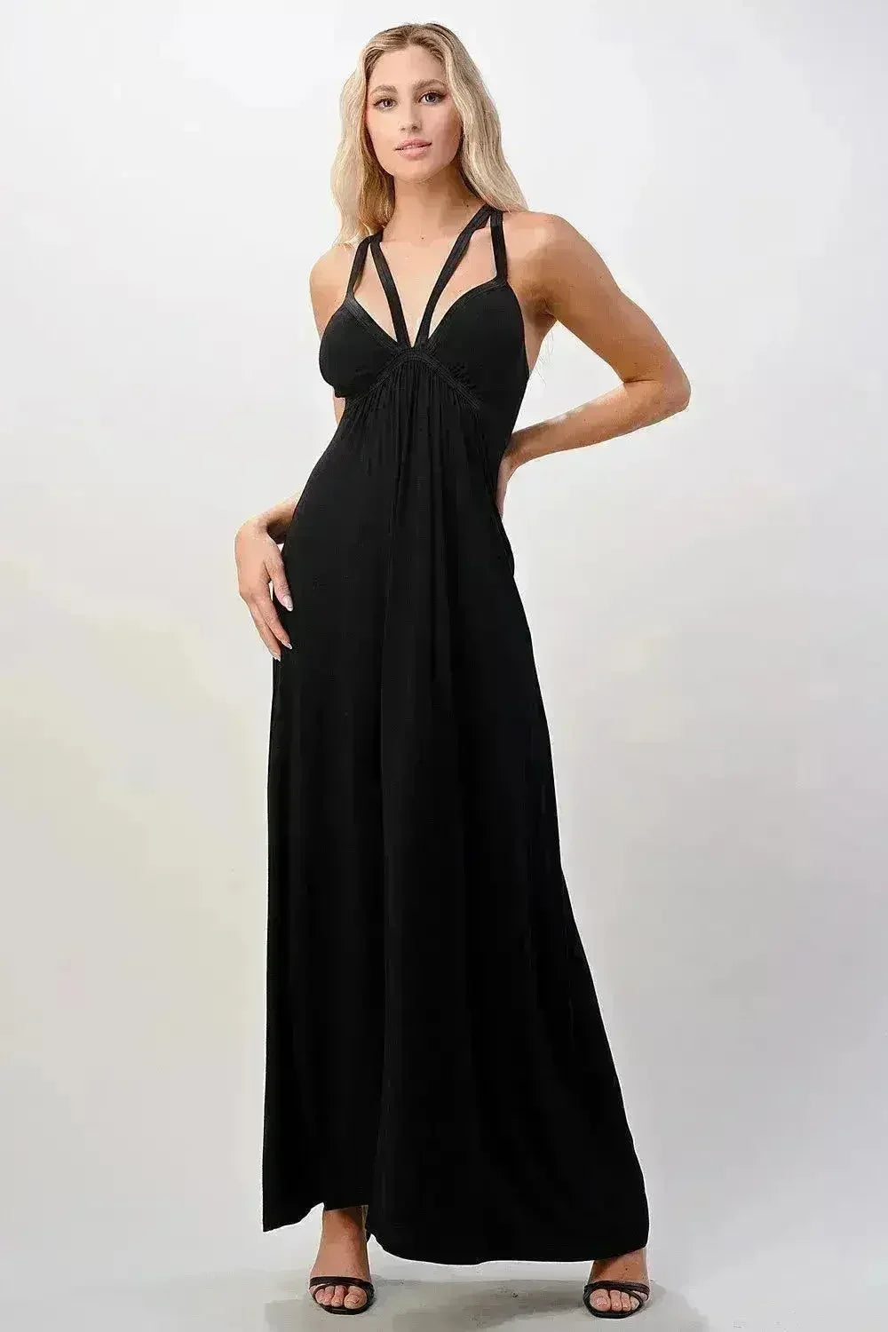 Robe longue décolleté en V et fines bretelles croisées Fluide - Femstylo