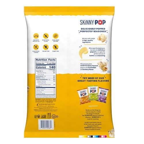 Popcorn Skinnypop saveur beurre, sans gluten, sans OGM, collations popcorn saines, Skinny Pop, sachet format épicerie de 125g