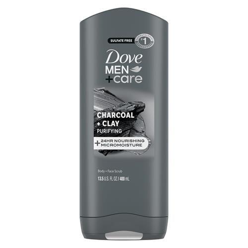 Gel douche Dove Men + Care purifiant charbon + argile pour le corps et le visage avec technologie Micromoisture nourrissante 24h pour homme, 400 ml