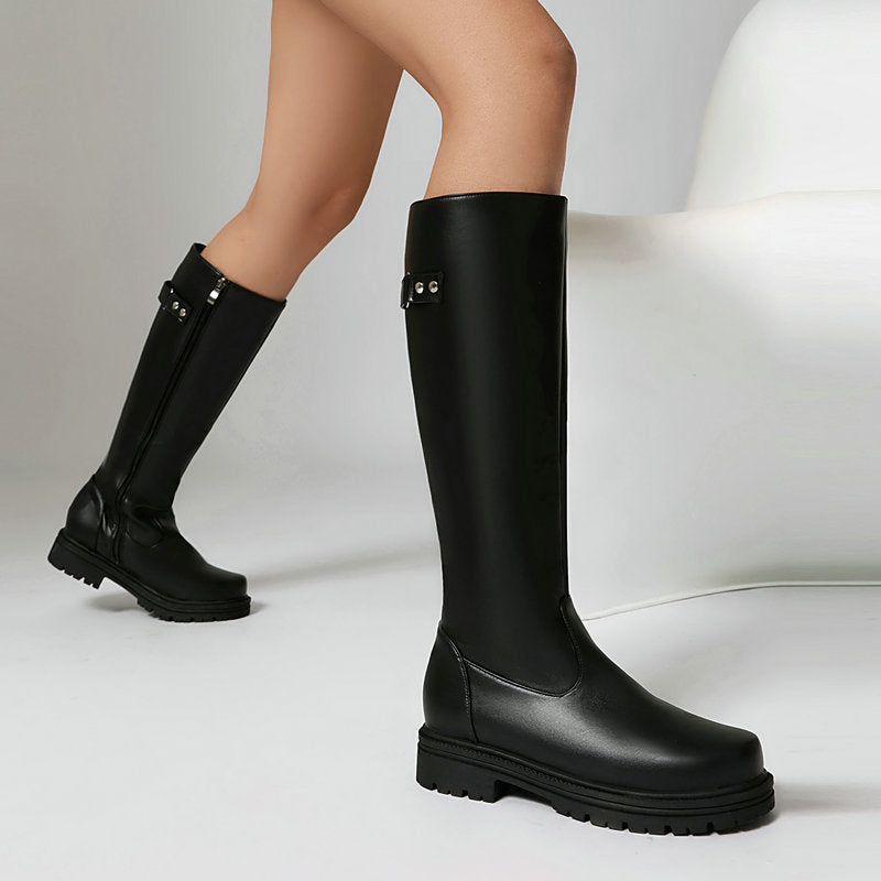 Bottes d'équitation rétro style britannique pour femmes – Bottes hautes à boucle de ceinture en cuir