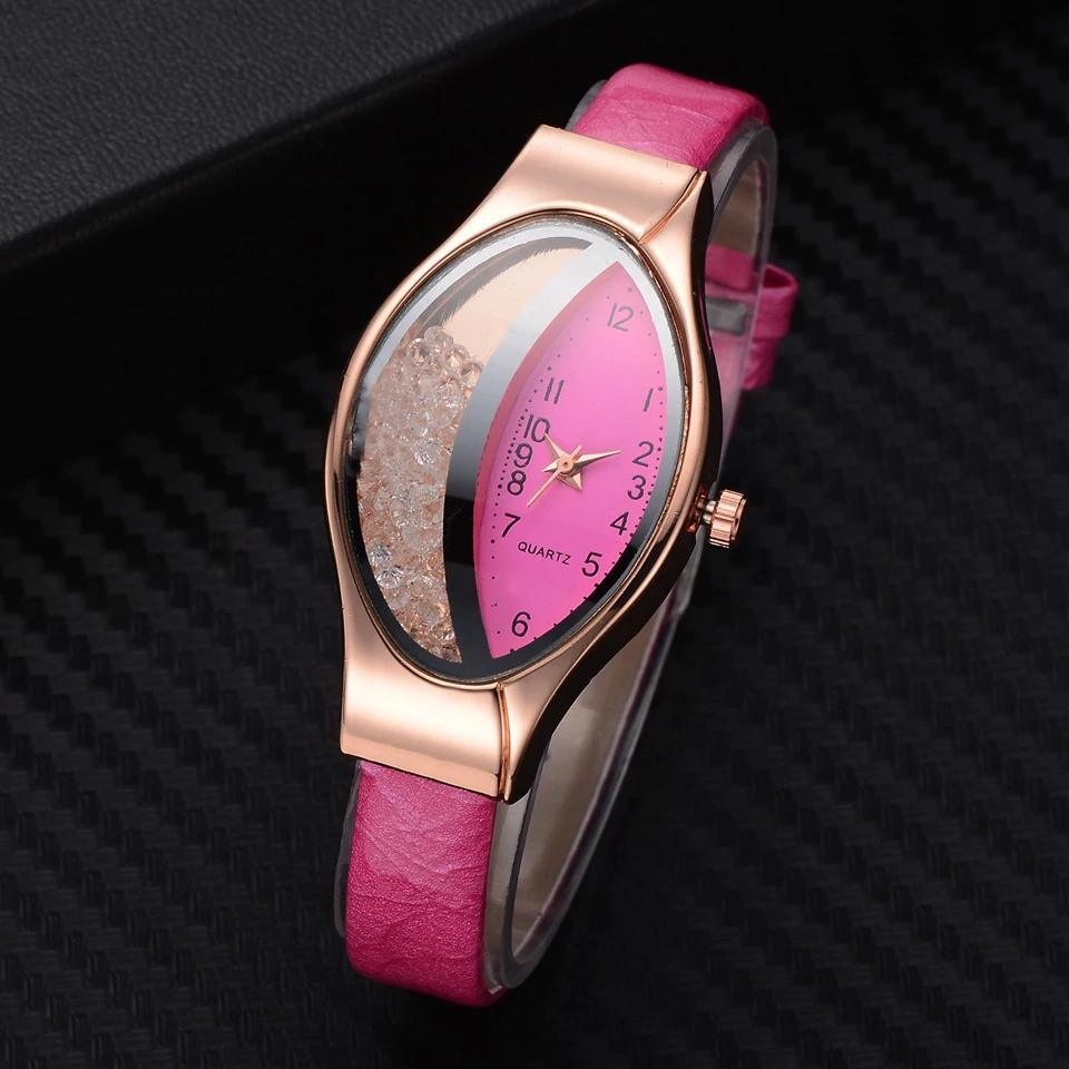 Montre de luxe Ellipse en PU à bracelet en cuir pour femmes, montre-bracelet à quartz sport en strass pour femmes et jeunes filles